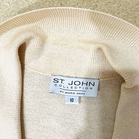 St John Collection Marie Gray Sz 10 Collared Striped Cardigan V-Neck Gold Button - Picture 10 of 13